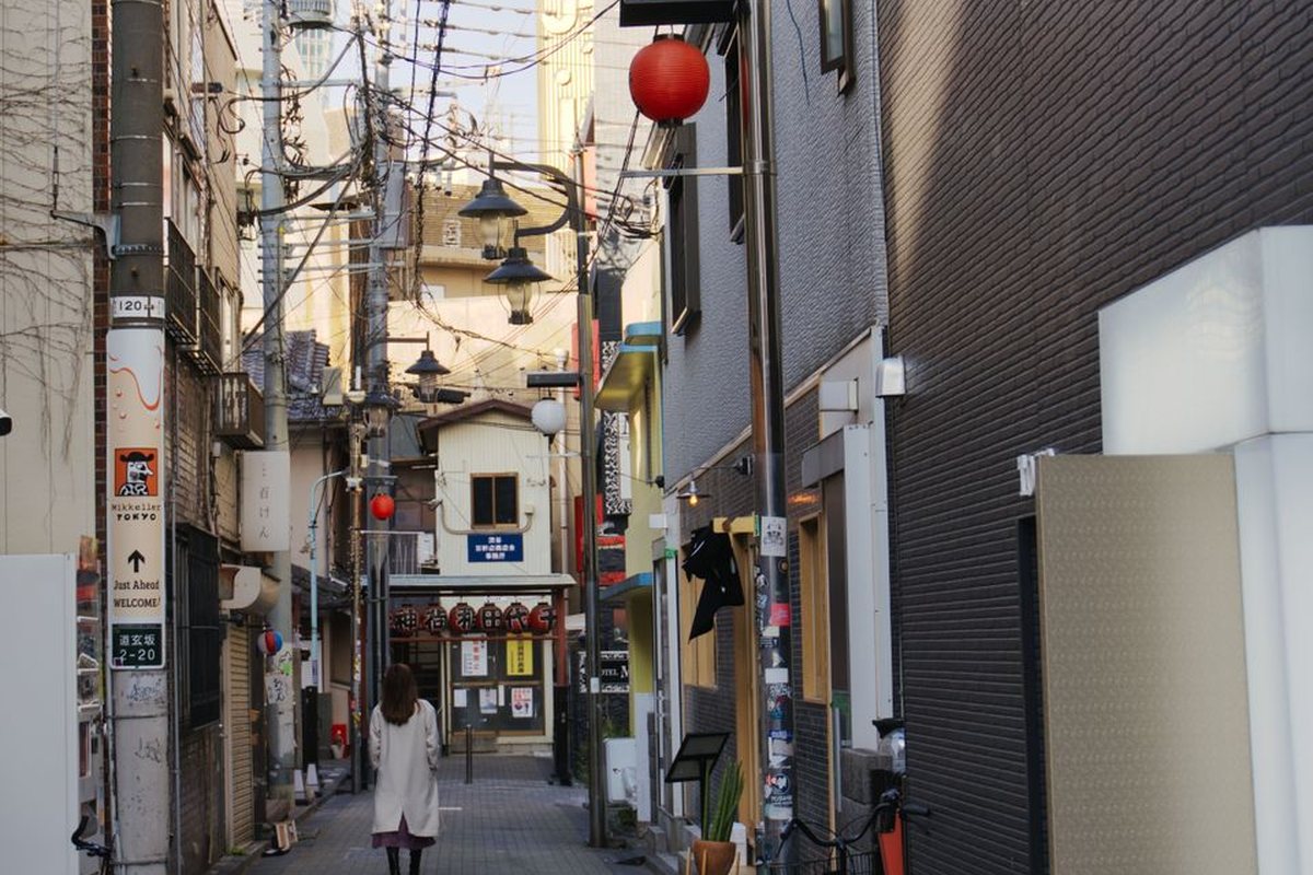 日本の細い路地と、その先を歩いていく人