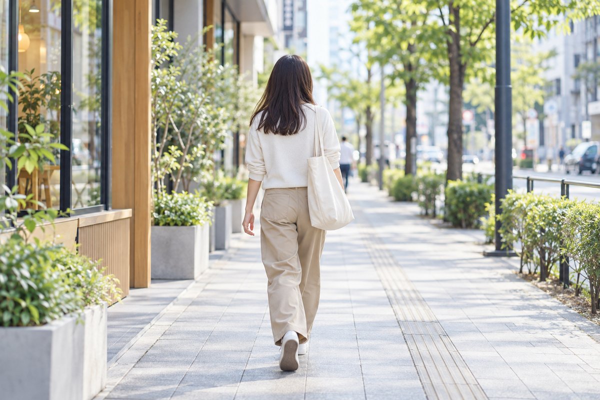 朝の歩道を、トートバッグを肩にかけて歩いていく女性の後ろ姿