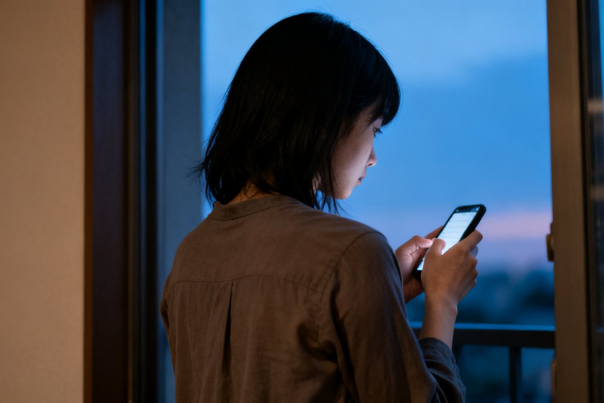 夕方の窓辺で、スマートフォンを見ている女性の後ろ姿