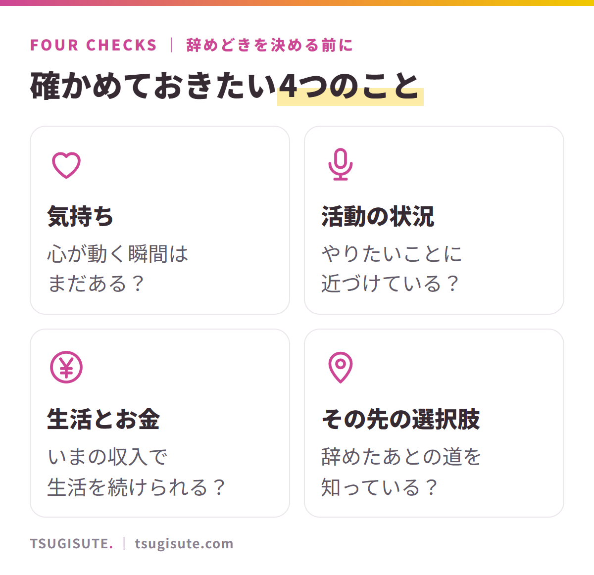 辞めどきを決める前に確かめる4つのこと。気持ち、活動の状況、生活とお金、その先の選択肢