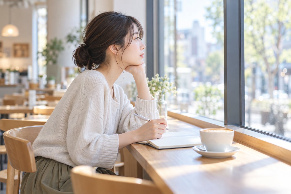 カフェの窓際の席で、ノートを開いたまま窓の外を見ている女性の横顔