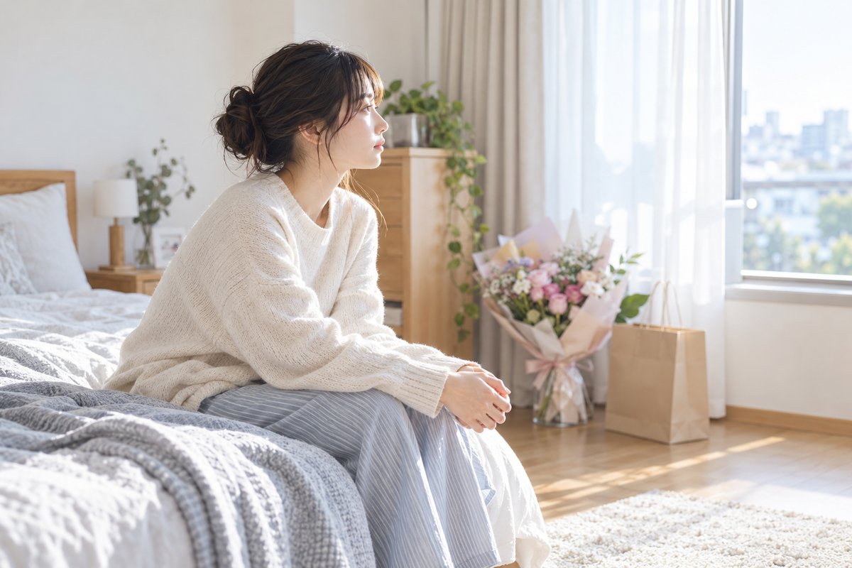 花束と紙袋が置かれた部屋で、ベッドの端に座って窓の外を眺めている女性の横顔