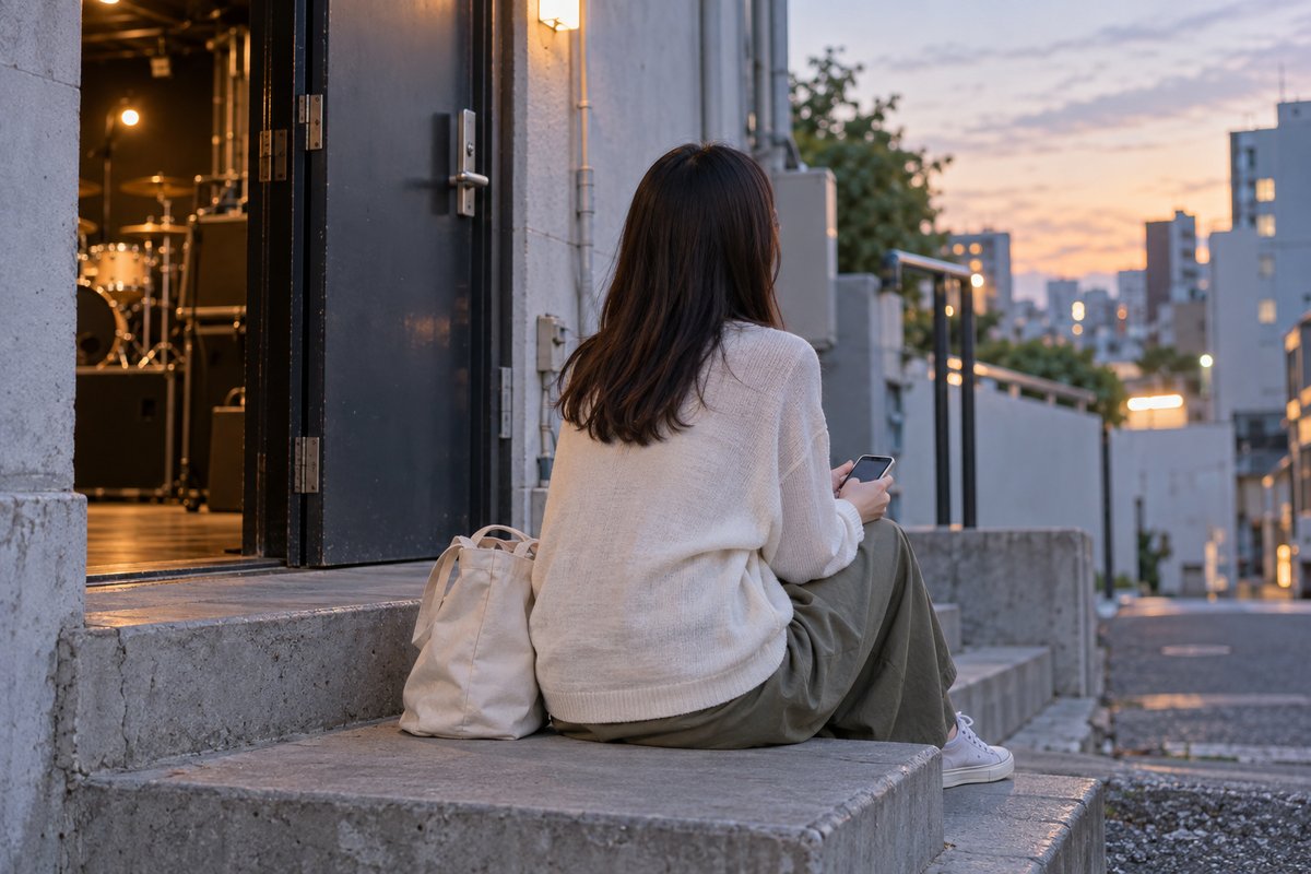 夕方、ライブハウスの裏口の階段に座り、スマートフォンを手にしている女性の後ろ姿