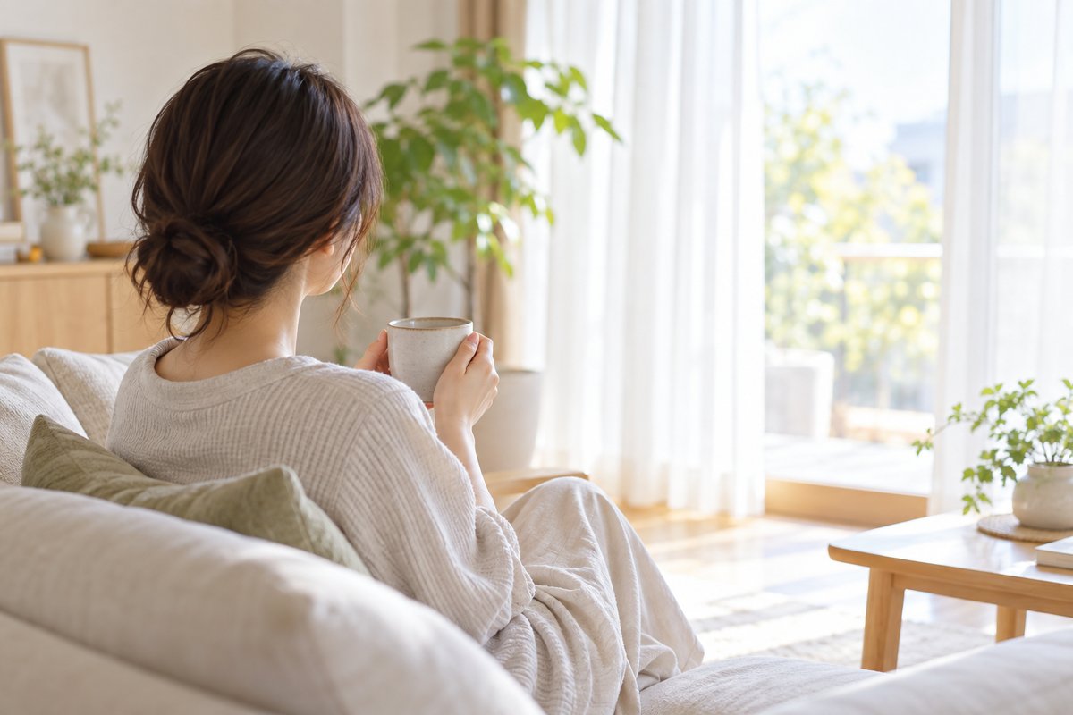 やわらかい光が入る部屋で、ソファに座ってマグカップを手に窓の外を眺めている女性の後ろ姿
