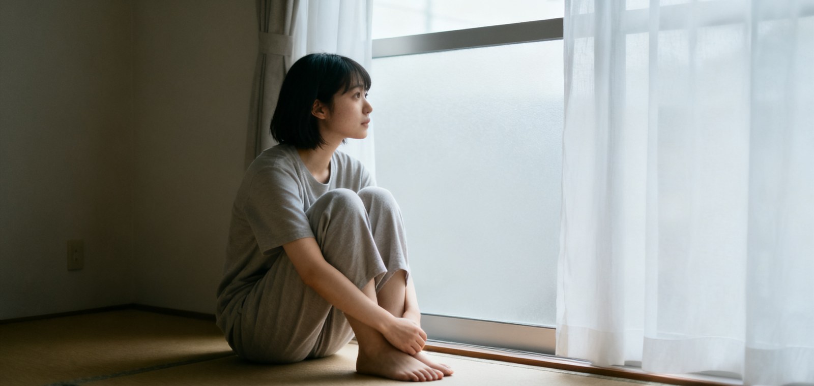 昼間の静かな部屋で、窓辺に座って外をながめる女性