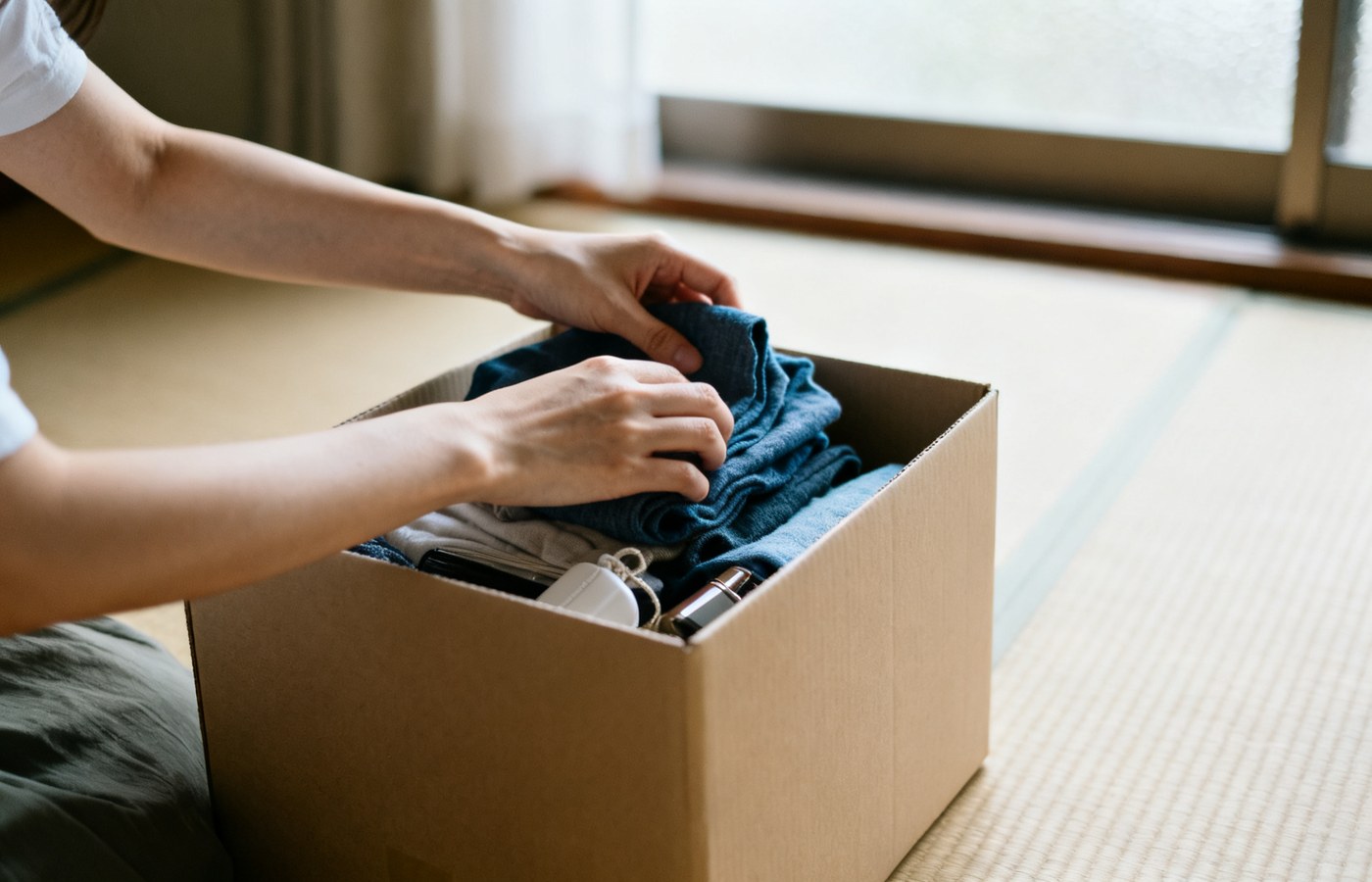 活動で使っていた衣装や荷物を、静かな部屋で段ボール箱にしまっていく手元