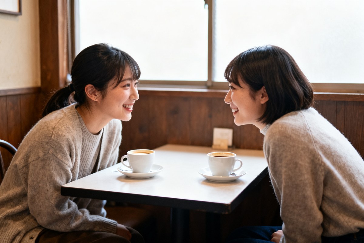 カフェで向き合って話す女性2人。また声をかけてください、という再会・相談の場面