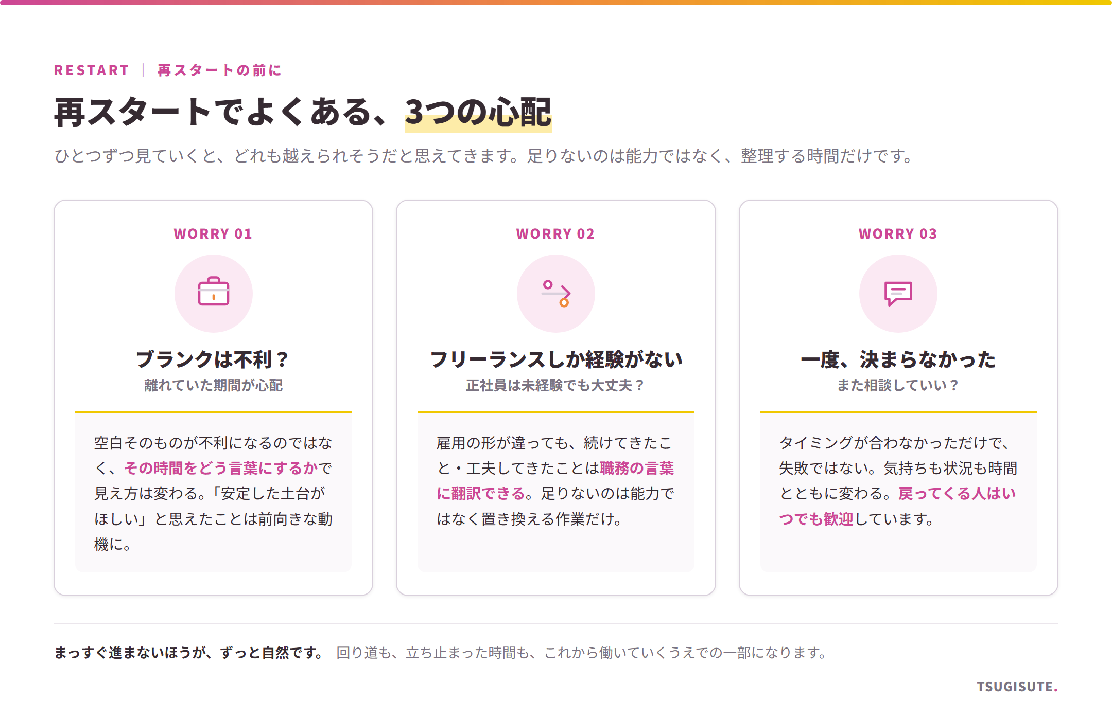 再スタートでよくある3つの心配（ブランクは不利？／フリーランスしか経験がない／一度決まらなかった）