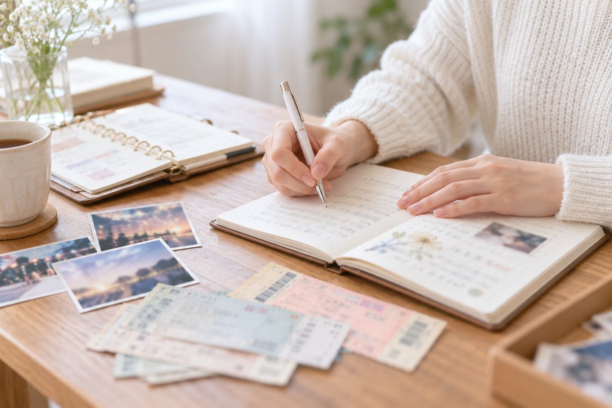 活動していた頃のチケットや写真を机に広げ、ノートに書き出している手元