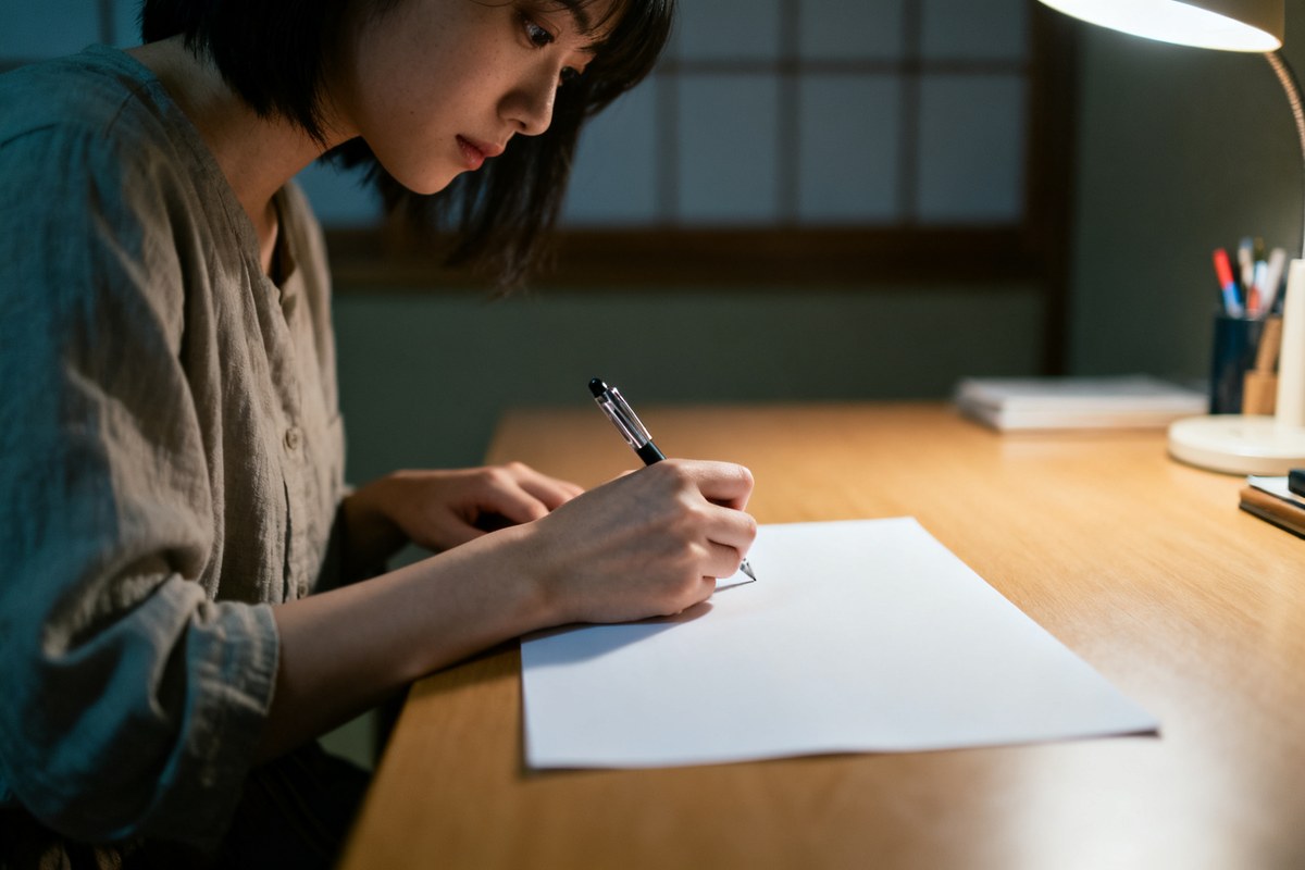 静かな部屋の机に向かい、書類にペンで記入していく女性