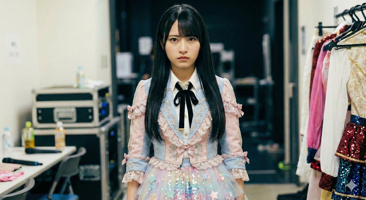 ステージ衣装のまま、これからの進路を思って立ち止まる元アイドルの女性