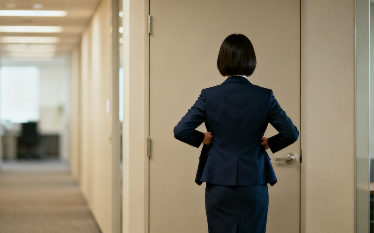 オフィスの廊下で、面接の部屋の前に立つスーツ姿の女性の後ろ姿