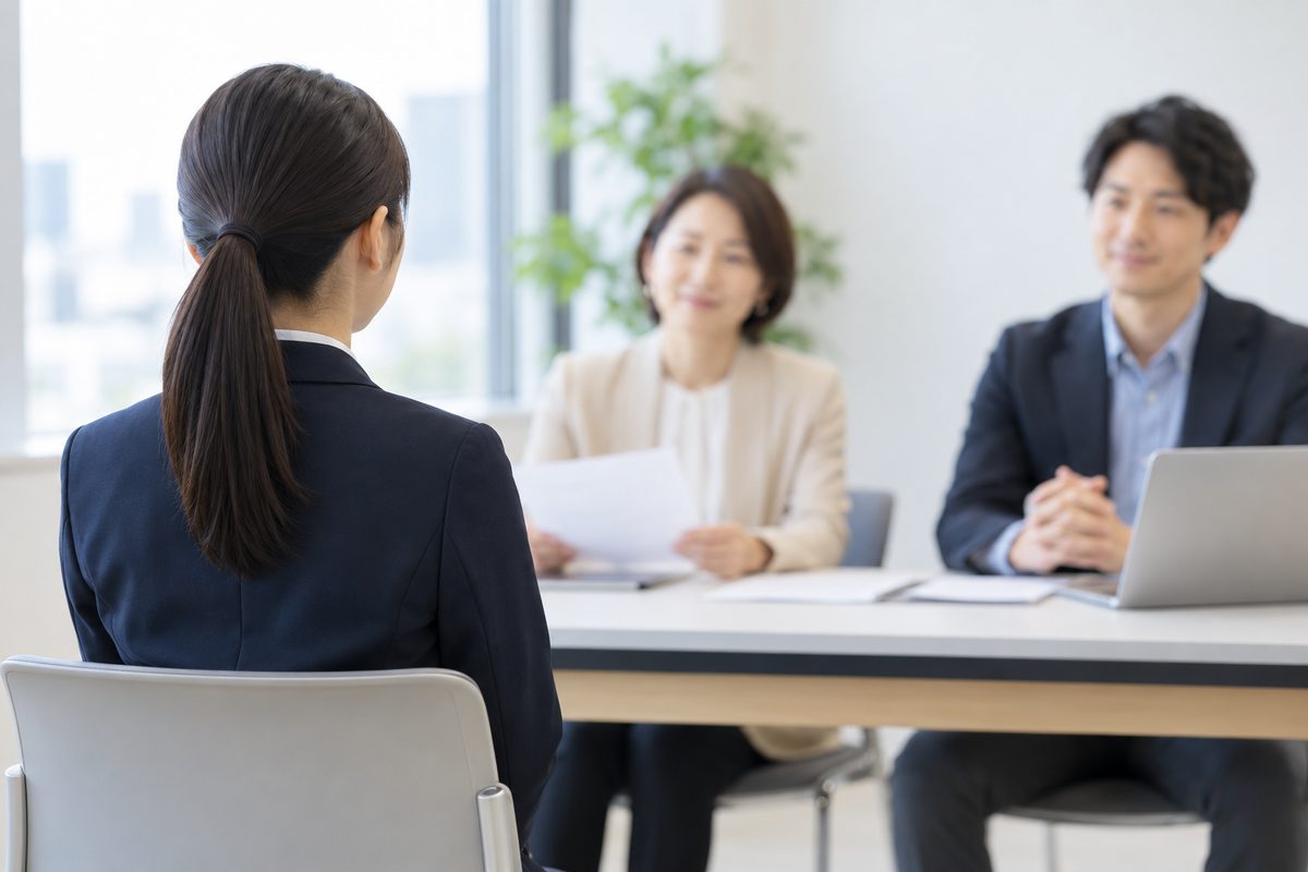 会議室で、テーブルの向かいに座る会社の方2人と向き合う、スーツ姿の女性の後ろ姿