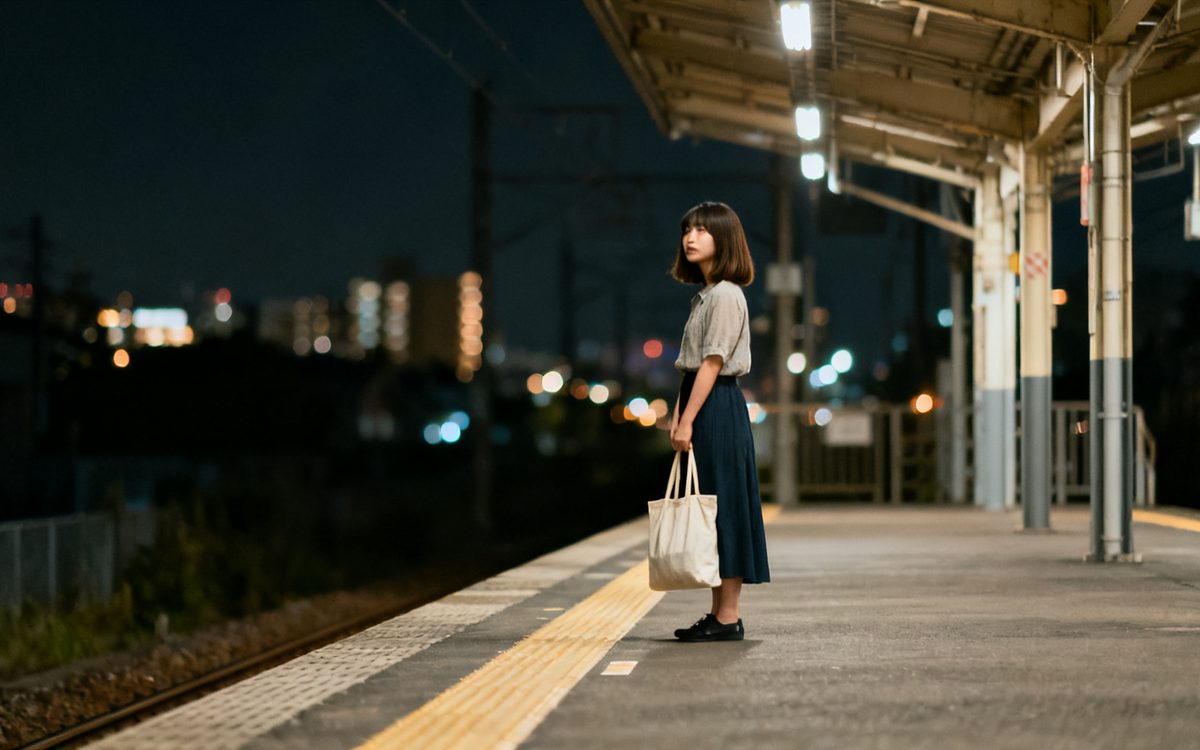 夜の駅のホームに、ひとりで立っている女性