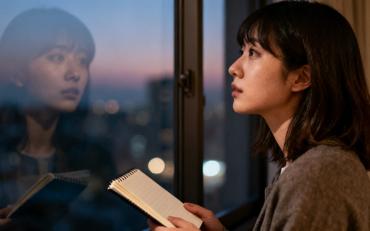 夕暮れの窓辺で、ノートを手に外を見ている女性の横顔