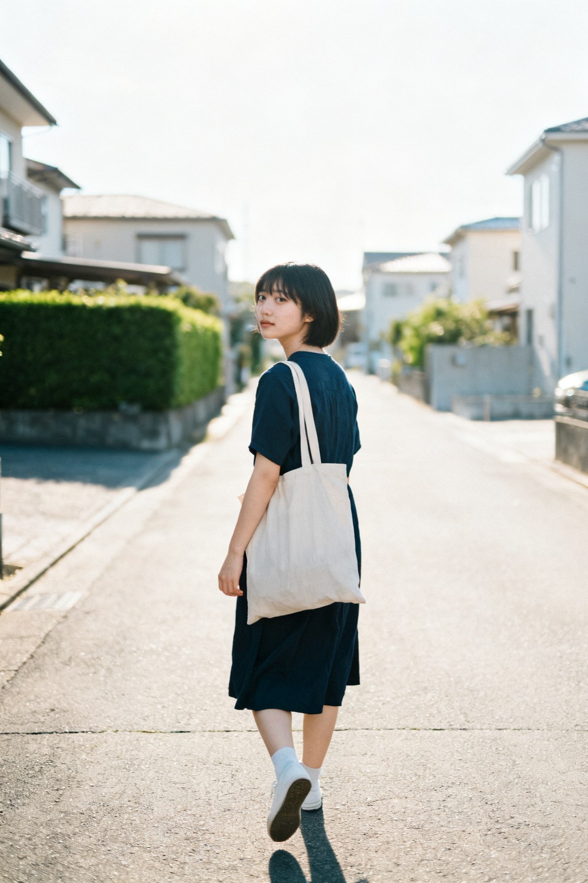 朝の住宅街を、まず一歩だけ歩き出した女性
