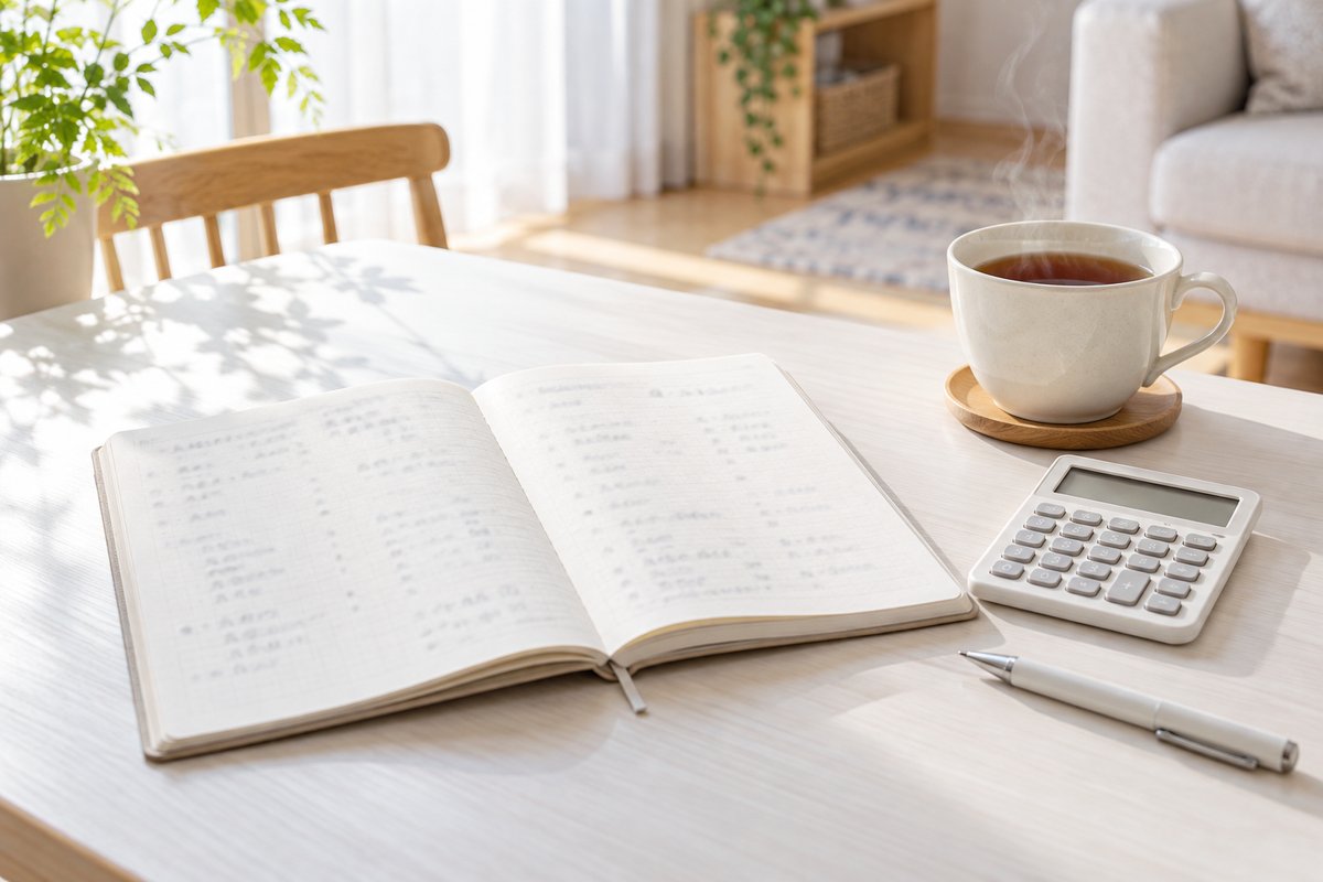 テーブルの上の、家計を書き出したノートと電卓、ペン、紅茶