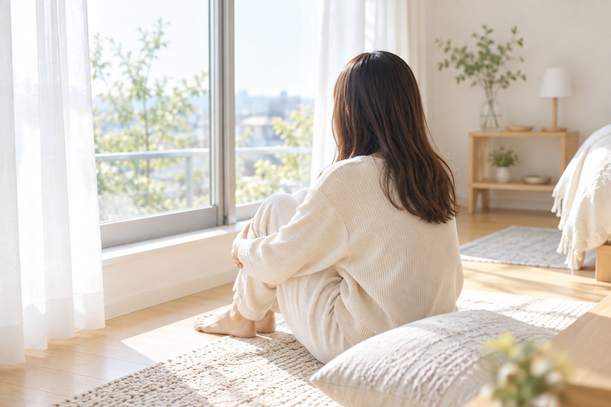 明るい部屋の窓辺で、ひざを抱えて座り、外を眺めている女性の後ろ姿