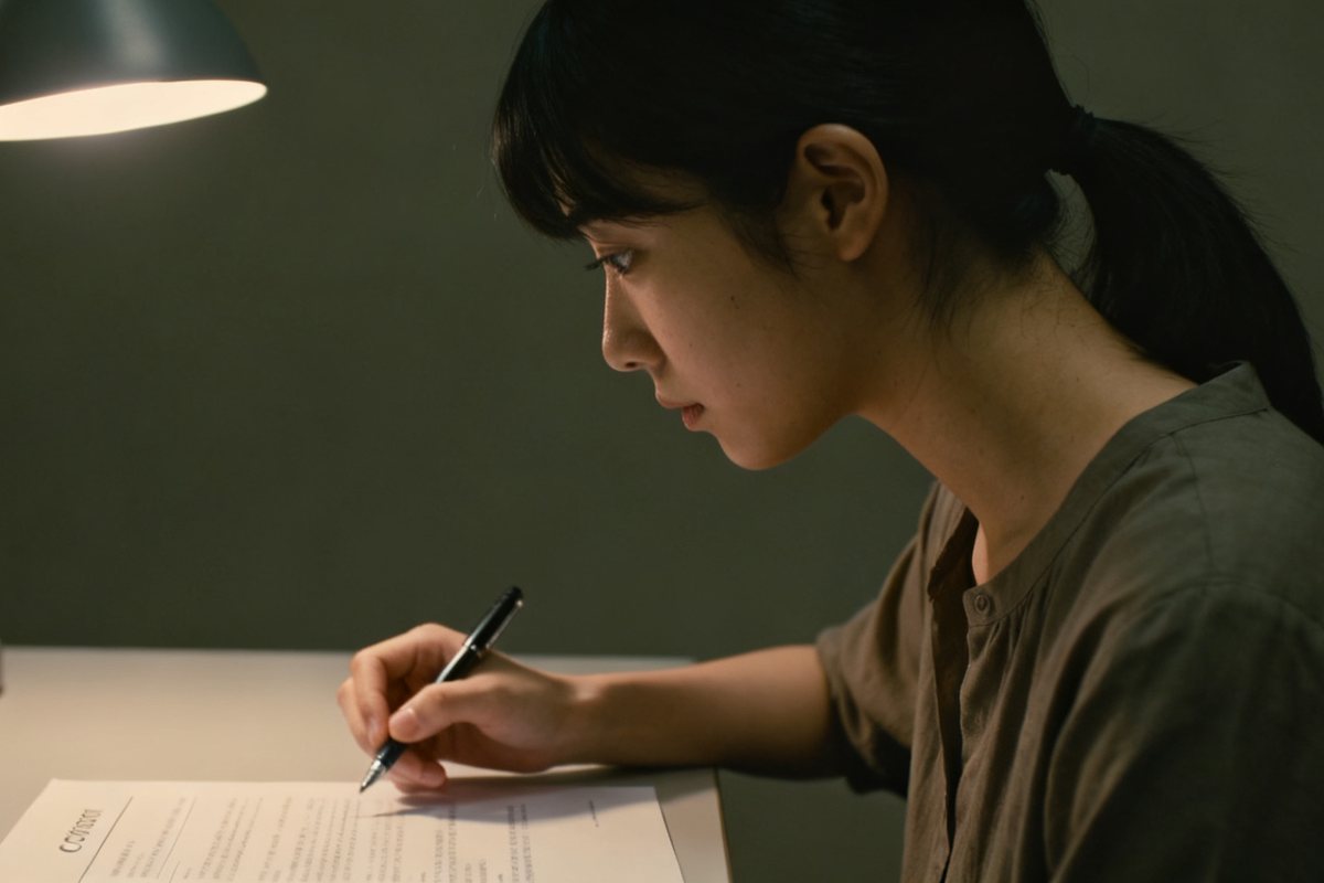 夜、デスクライトの下で、紙にこれまでのことを書き出している女性の横顔