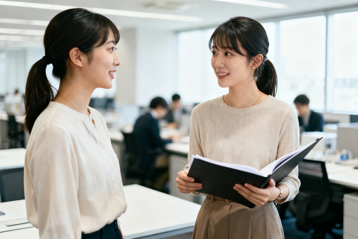 オフィスで書類を手に話す女性2人。普通の会社で普通に働く先輩たちの様子