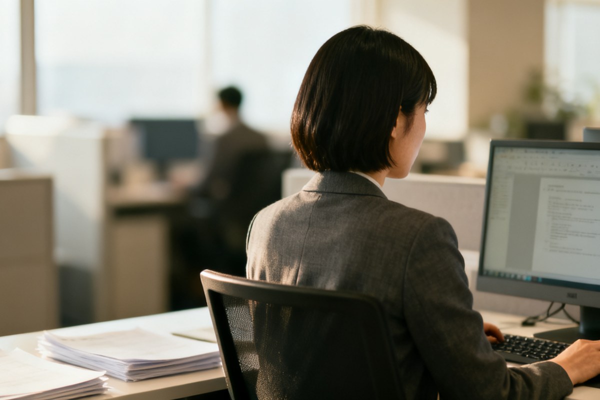 オフィスで自分のデスクからパソコンに向かって事務仕事をする女性