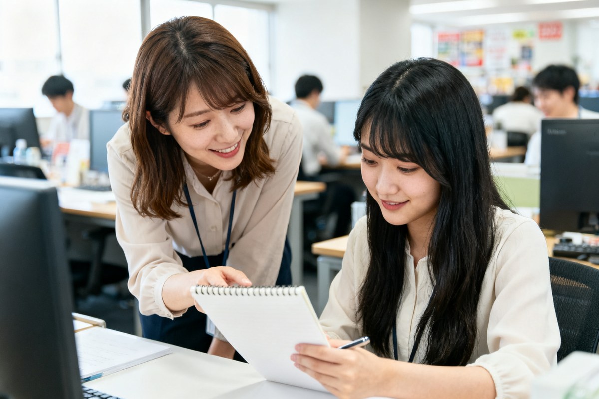 オフィスで、先輩に教わりながらノートにメモを取る新人の女性