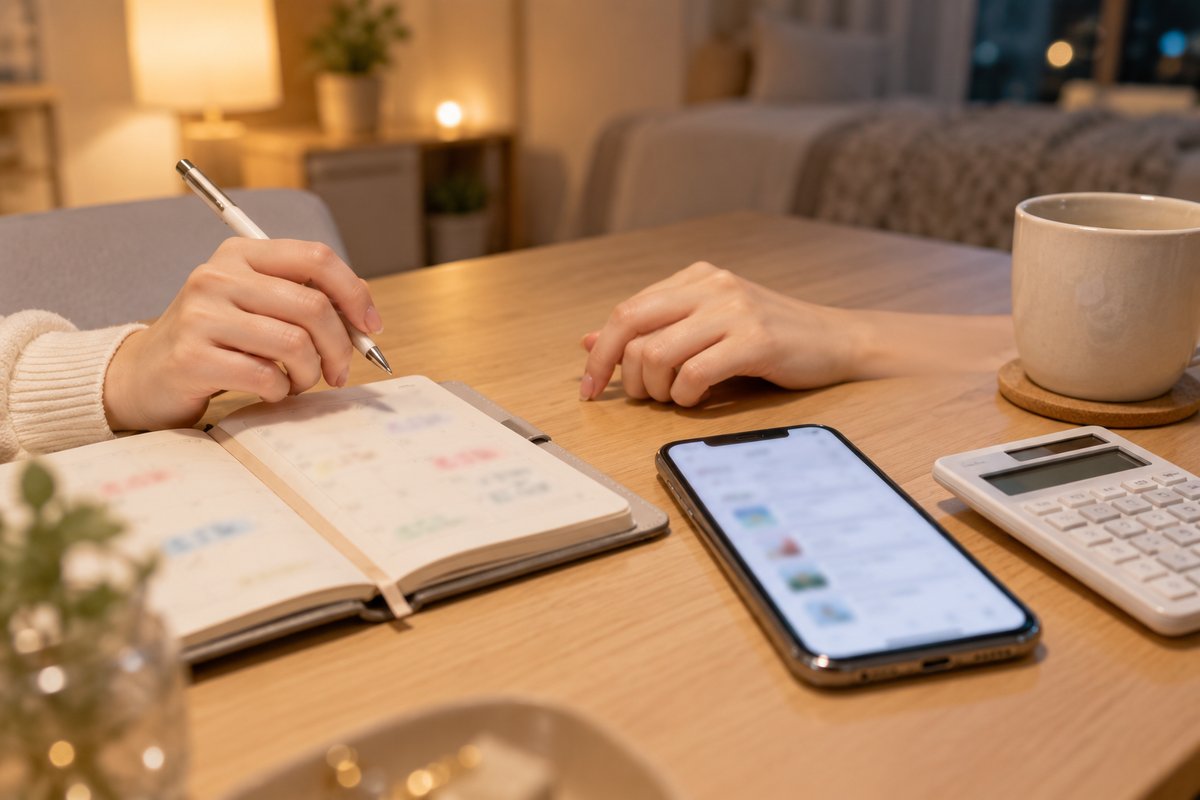 夜の部屋で、手帳とスマートフォン、電卓を前に考えている手元