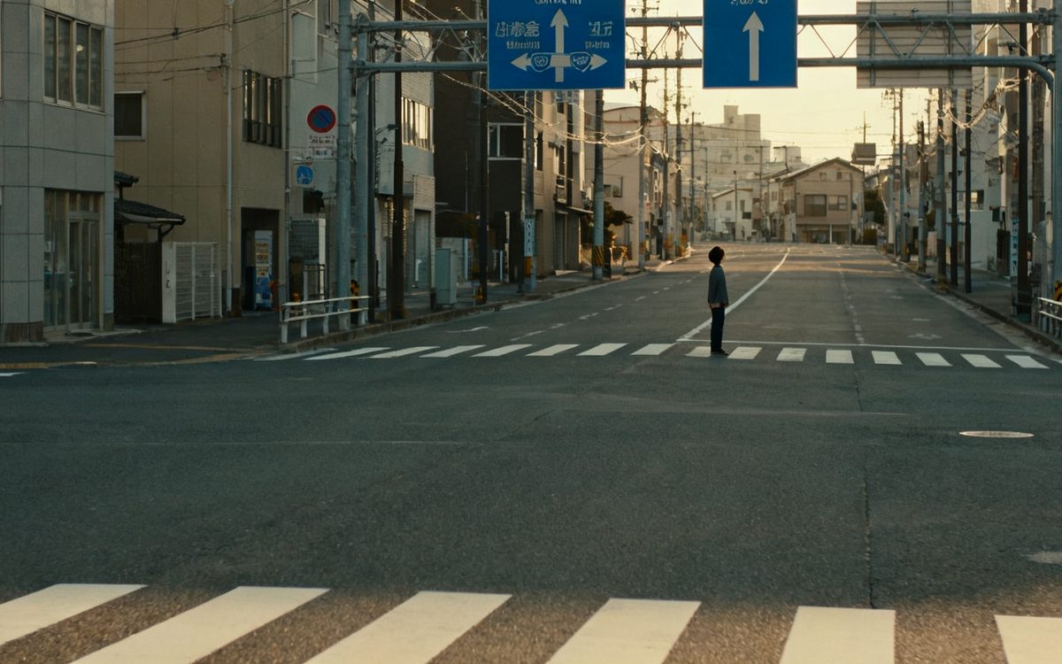 夕方の広い交差点に立つ人の姿を、遠くから写した街の風景