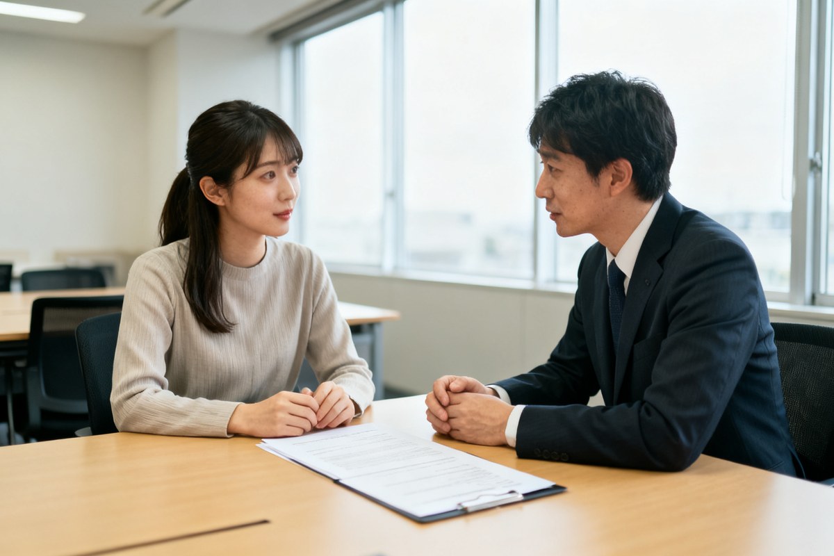 机で書類を挟んで担当者と向き合い、契約や働き方について相談する様子