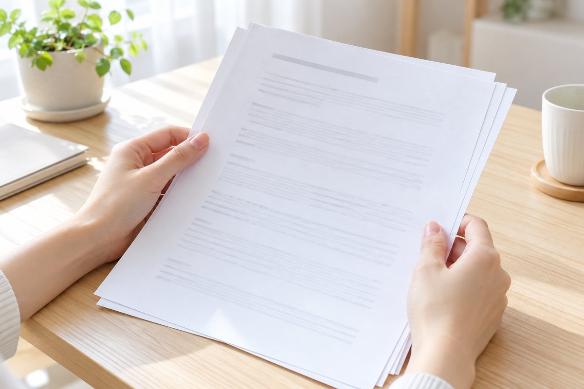 机で、契約書の控えを両手で持って読み返している手元