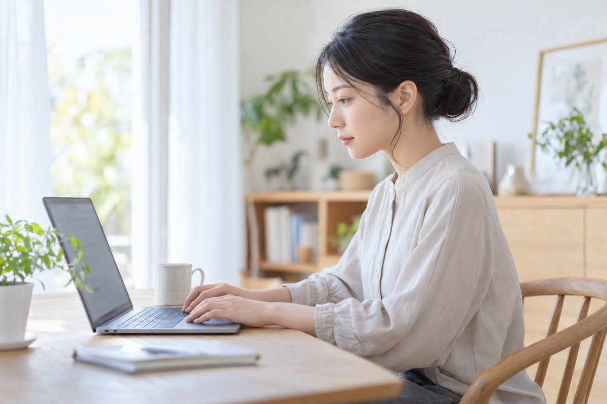 明るい部屋で、ノートパソコンに向かって相談の返信をしている女性の横顔