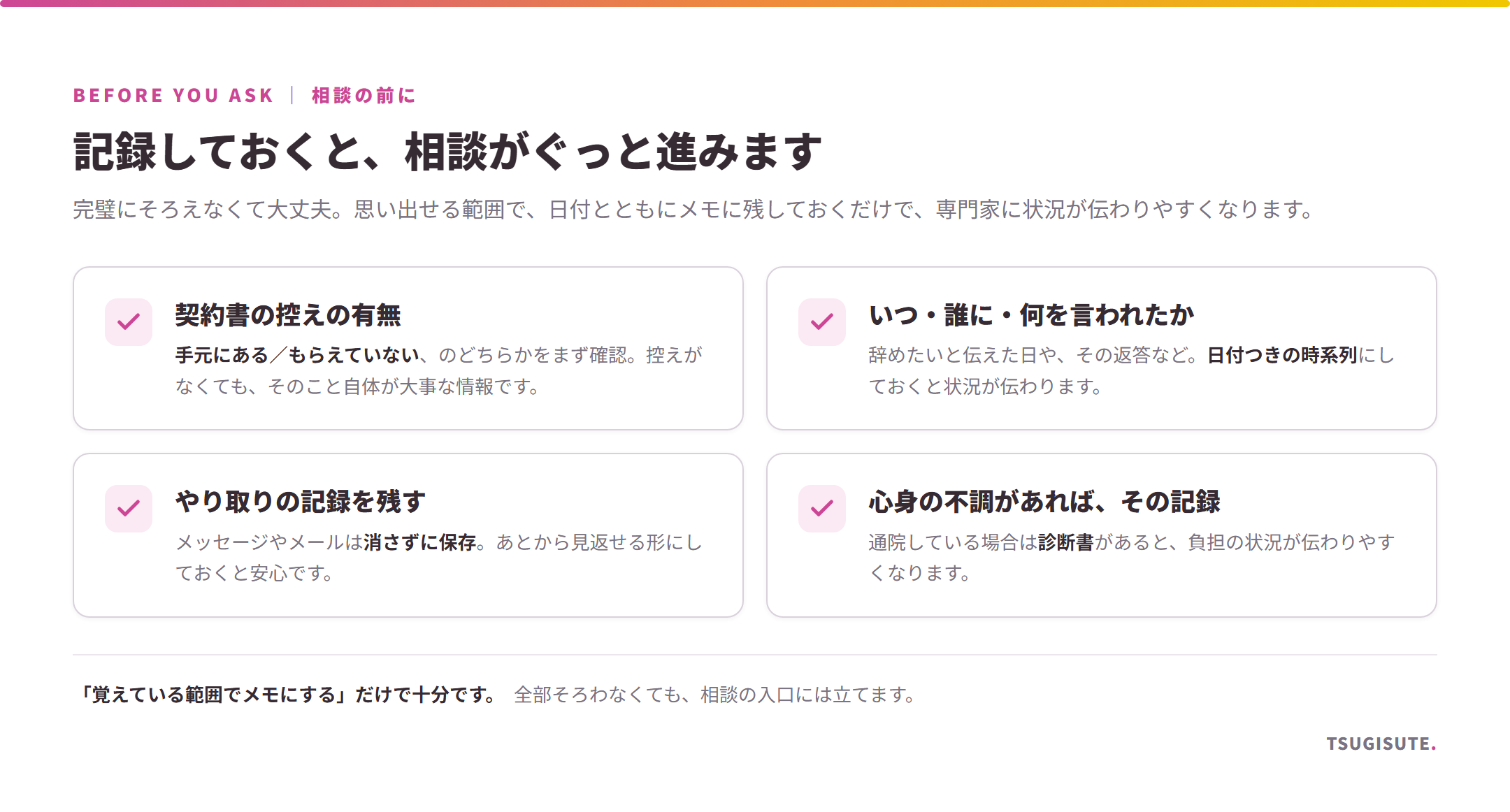 相談の前に記録しておくとよいこと：契約書の控えの有無／いつ・誰に・何を言われたか（日付つき）／メッセージなどやり取りの記録／心身の不調があれば通院・診断書の記録