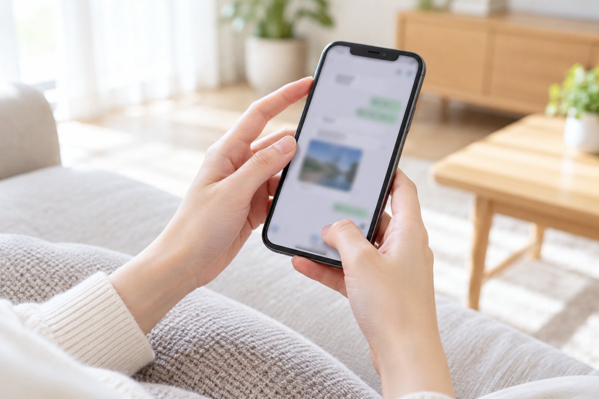 ソファで、スマートフォンのやり取りの画面を保存している手元