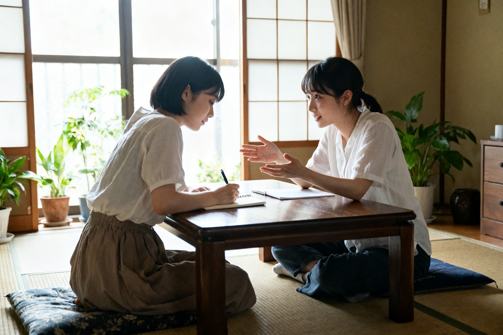 低いテーブルで向き合い、書きながら話す2人。ひとりで抱えず相談する場面