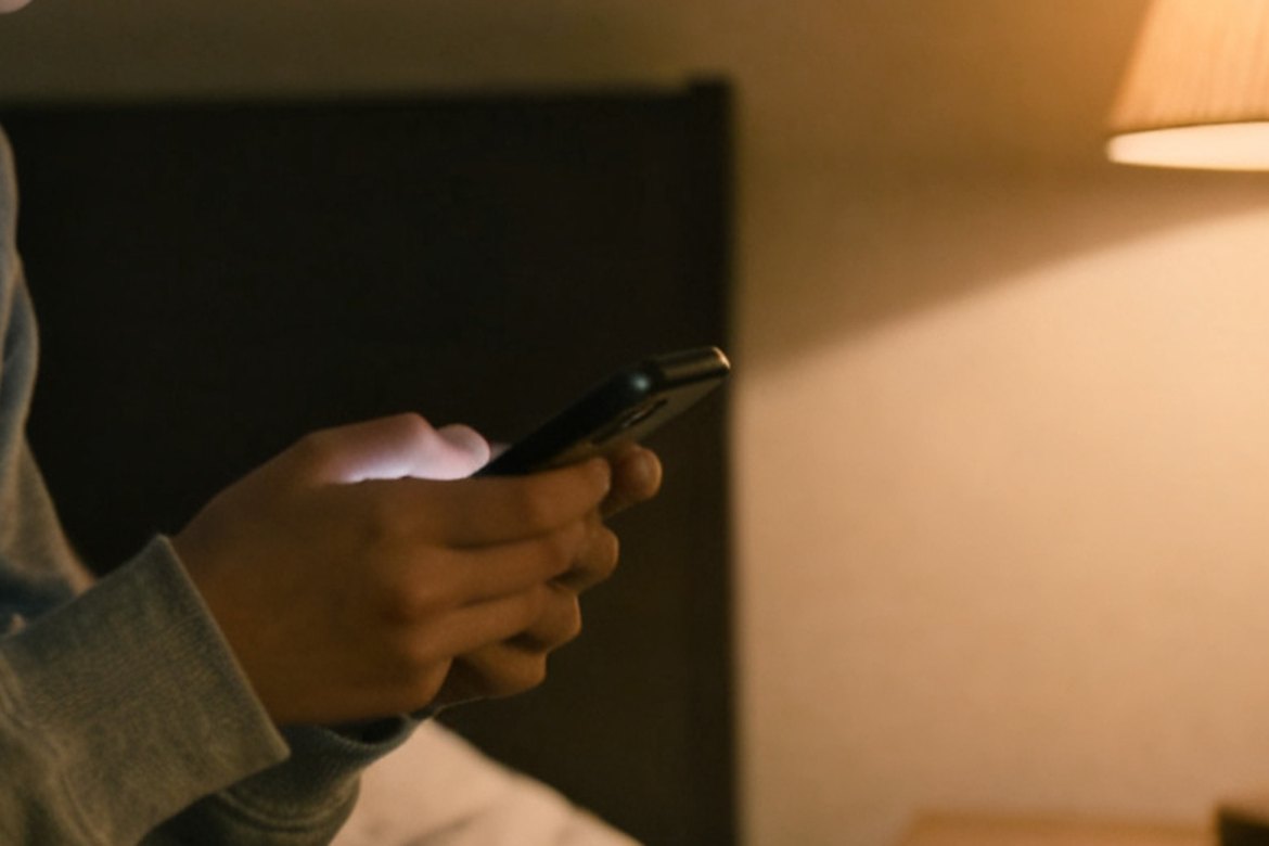 夜の部屋で、スマートフォンに文字を打っている手元