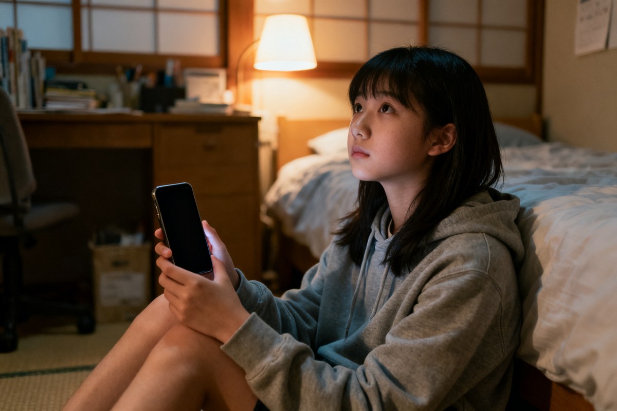 夜、自分の部屋でスマートフォンを手に相談先を調べる女性