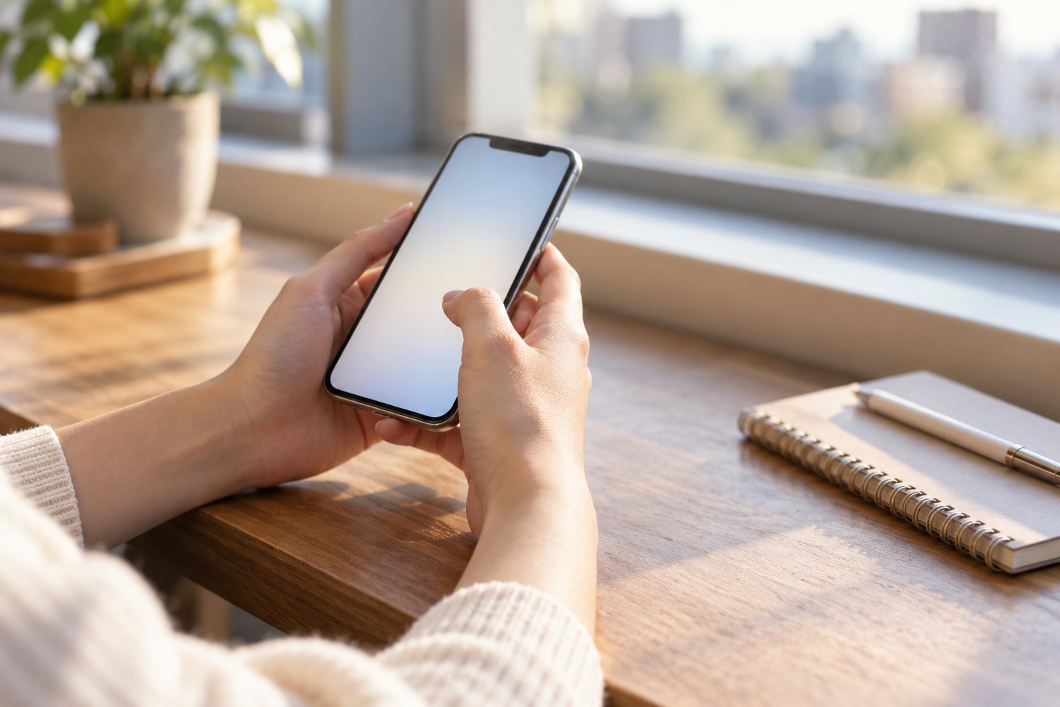 窓辺の机で、スマートフォンを手に、電話をかけようとしている手元