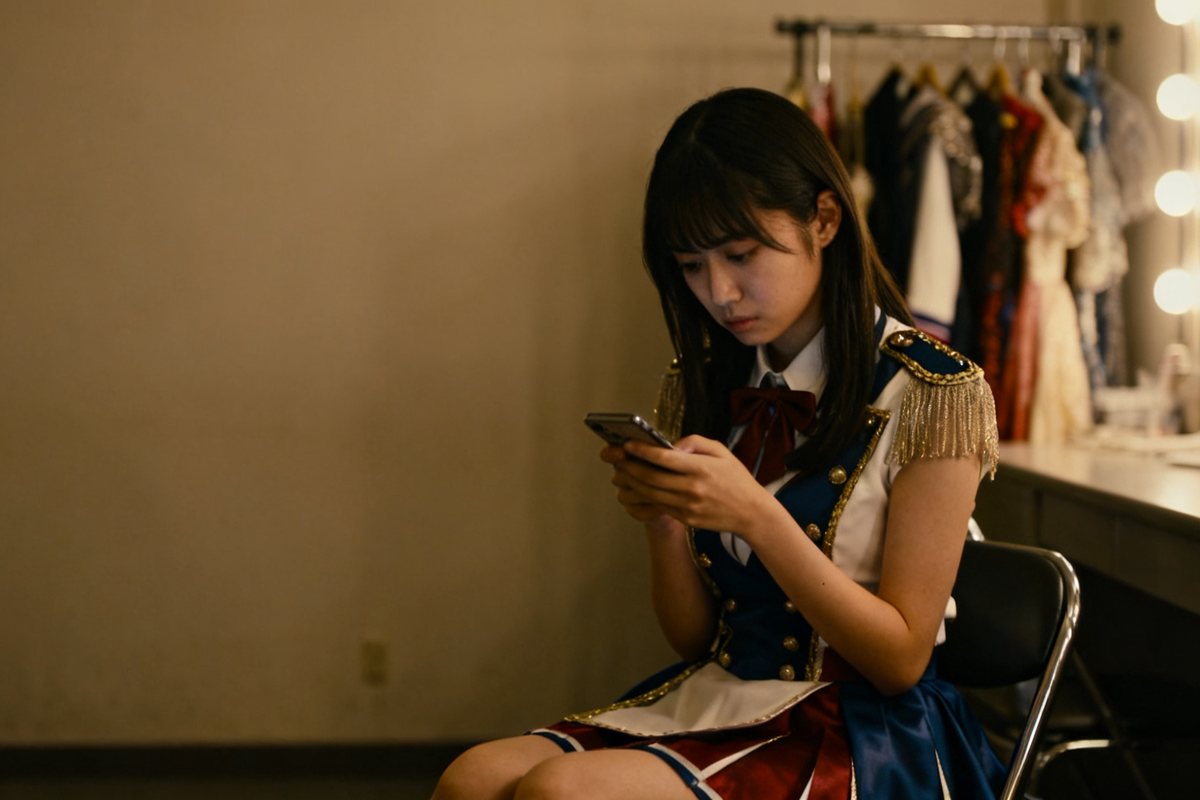 楽屋で衣装のまま、スマートフォンを見ている女性