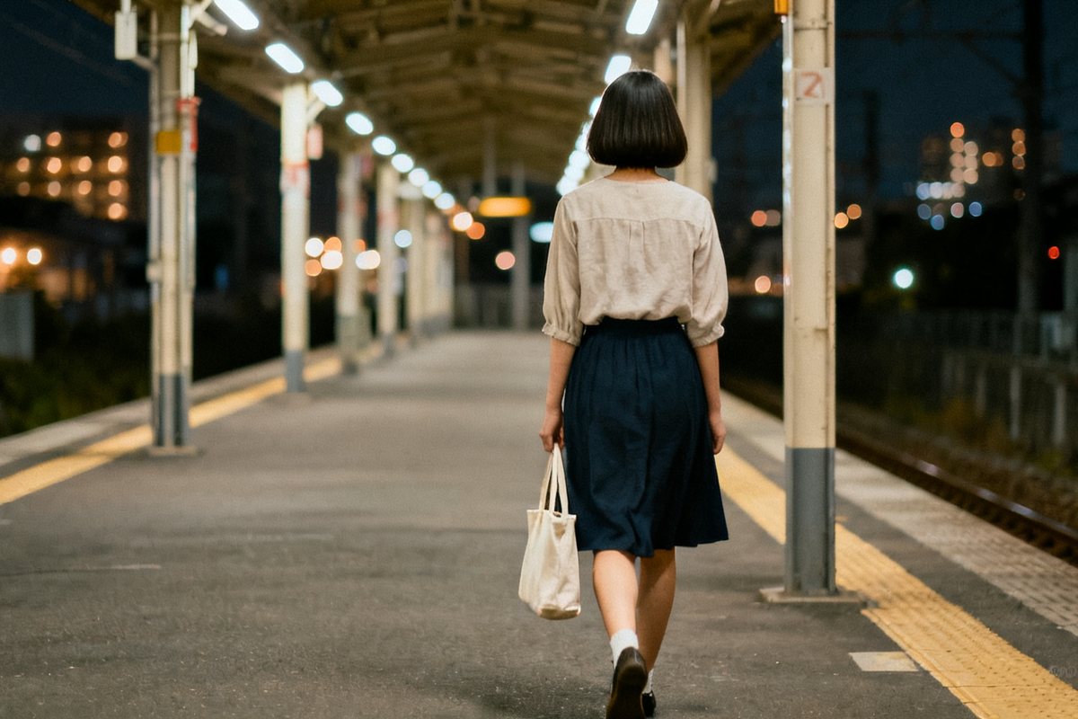 夜の駅のホームを歩いていく女性の後ろ姿