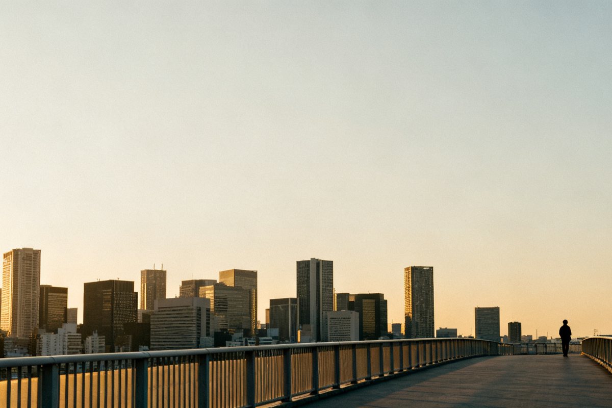 夕暮れの歩道橋から見た、ビルの並ぶ街