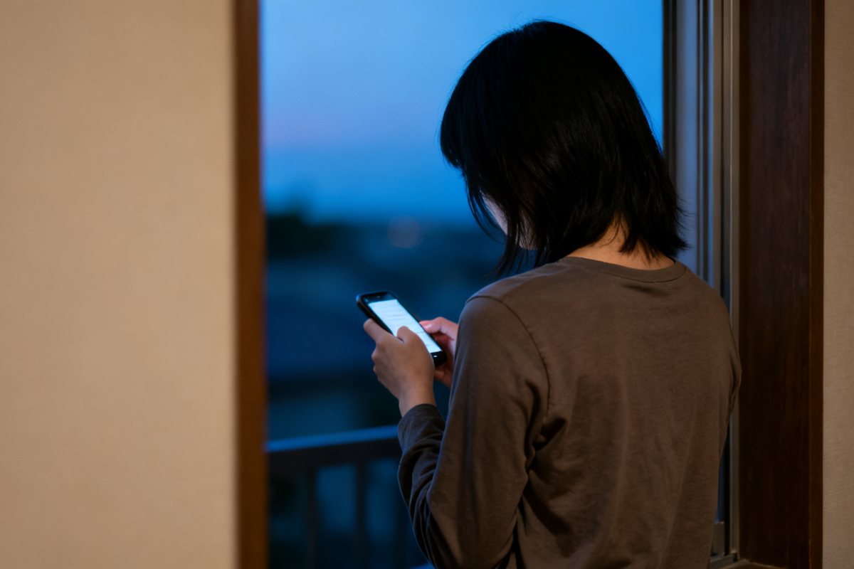 夕暮れの窓辺で、スマートフォンを見ている女性の後ろ姿