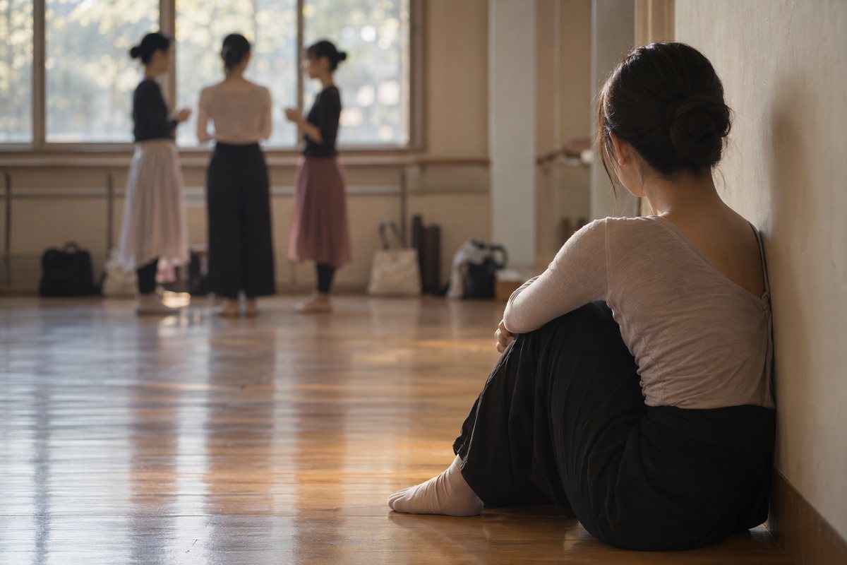 練習スタジオで、話している三人から離れて、壁にもたれて座っている女性