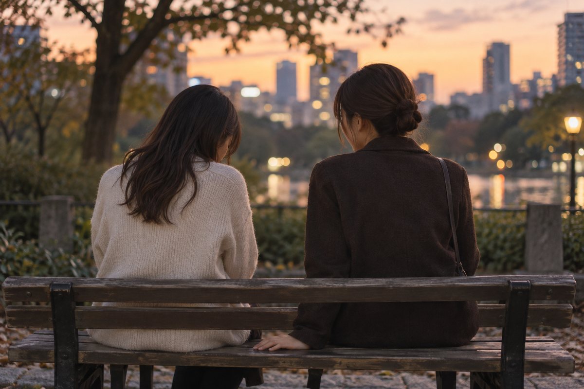 夕暮れの公園のベンチで、並んで座る二人の後ろ姿。ひとりがもうひとりの話を聞いている