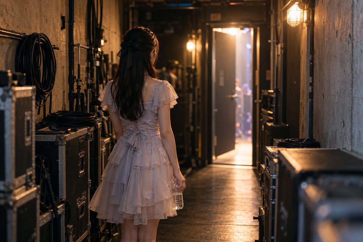 ライブハウスの楽屋裏の通路で、衣装のままひとり立っている後ろ姿