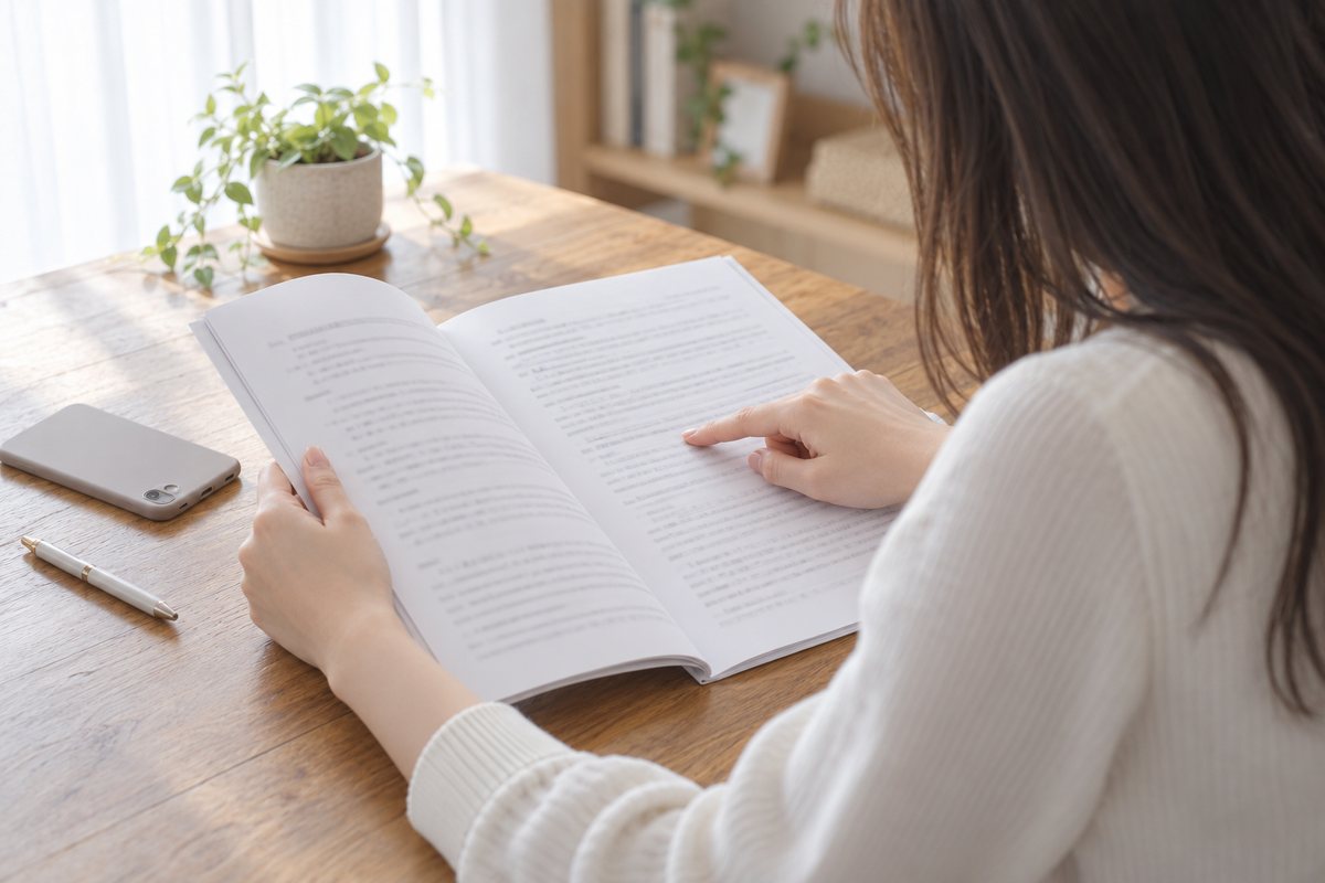 自宅の机で、書類を指でなぞりながら読んでいる女性の手元