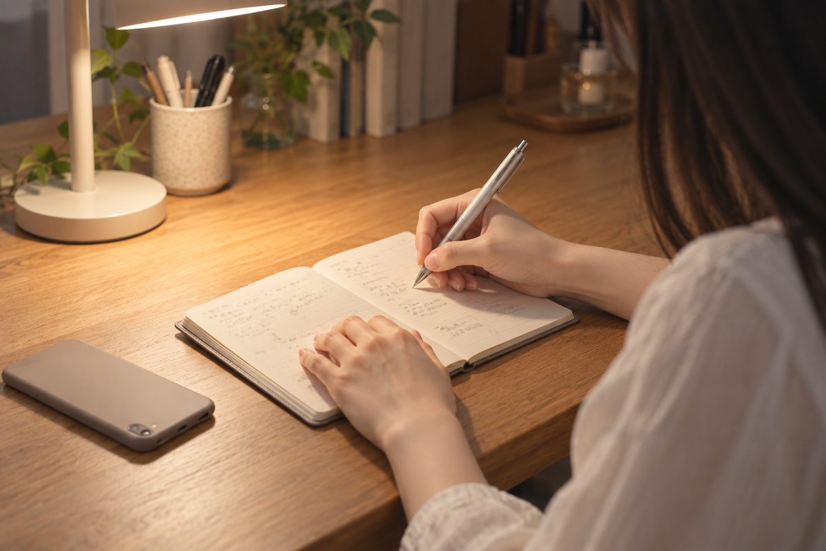 デスクライトの下で、手帳に日付とメモを書き留めている手元