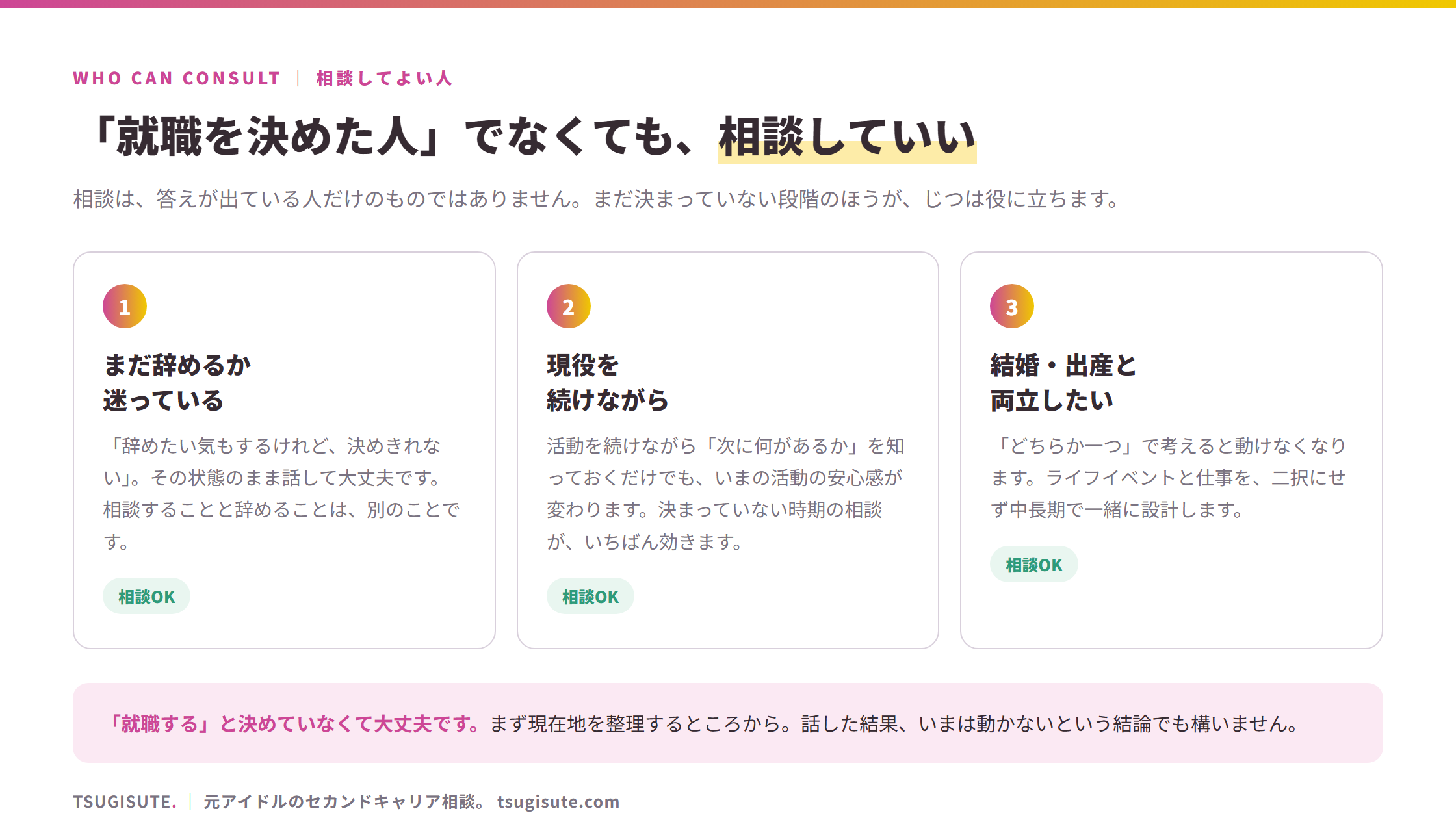 「就職を決めた人」でなくても相談していい。①まだ辞めるか迷っている②現役を続けながら③結婚・出産と両立したい、いずれも相談OK