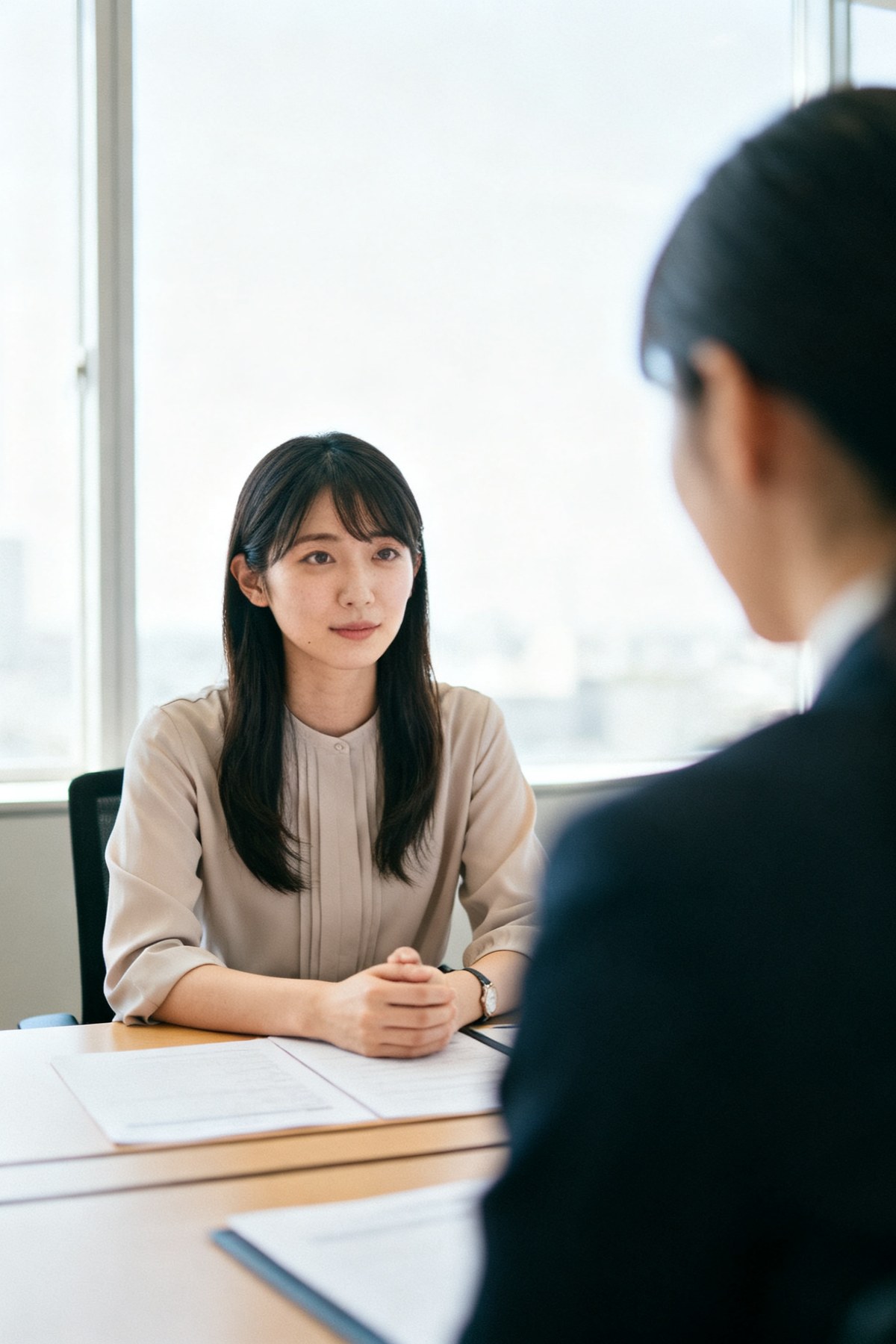 面談で応募者と担当者が向き合って対話する様子