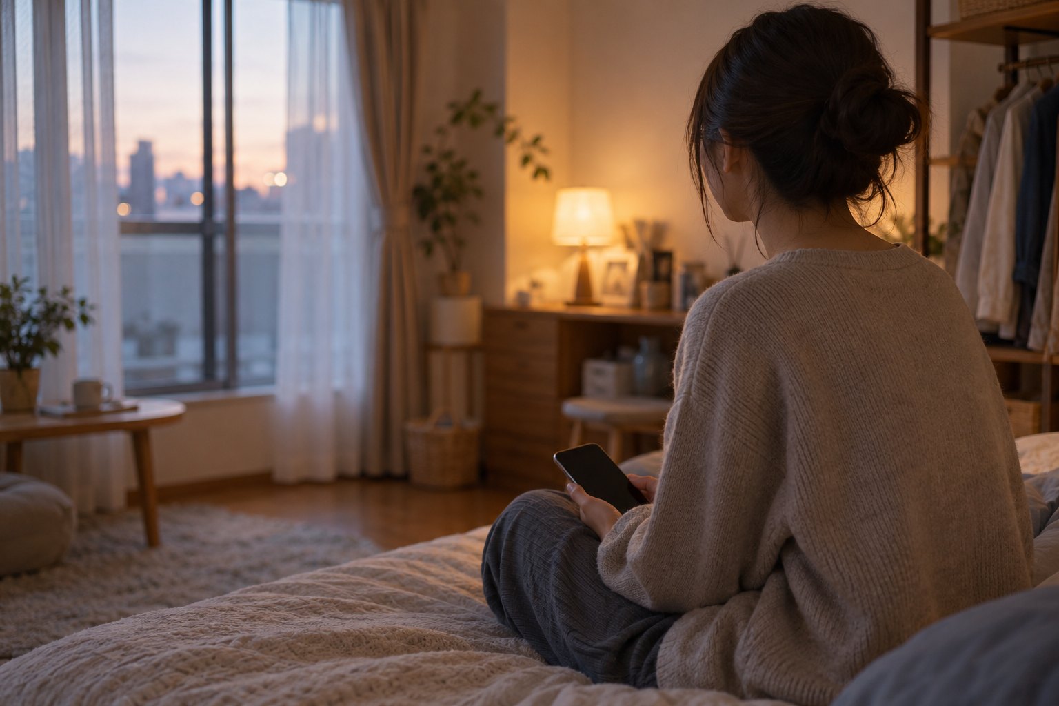 夕方の部屋で、ベッドに腰かけてスマートフォンを手にしている若い女性の後ろ姿