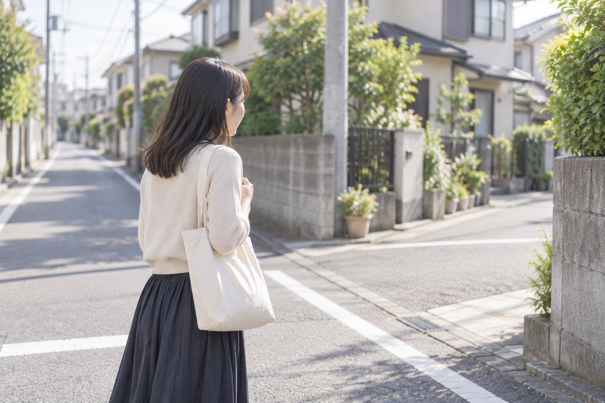 住宅街の交差点で立ち止まり、脇の道のほうを見ている若い女性の後ろ姿
